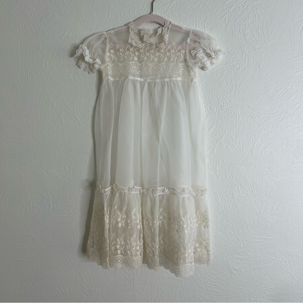 Vintage Baby Baptism Gown Set Embroidered Lace Sheer Ivory Dress One Size